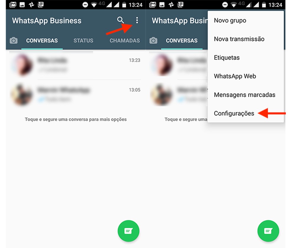 Caminho para acessar as configurações do WhatsApp Business (Foto: Reprodução/Marvin Costa)