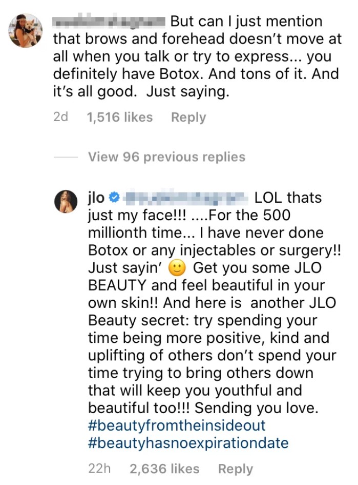 Jennifer Lopez responde a seguidora que a acusou de usar botox (Foto: Reprodução / Instagram)