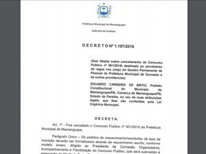 Decreto de cancelamento do concurso de agente de combate à endemias de Mamanguape, PB, publicado na quarta-feira (5) (Foto: Reprodução/Site da Funvapi)
