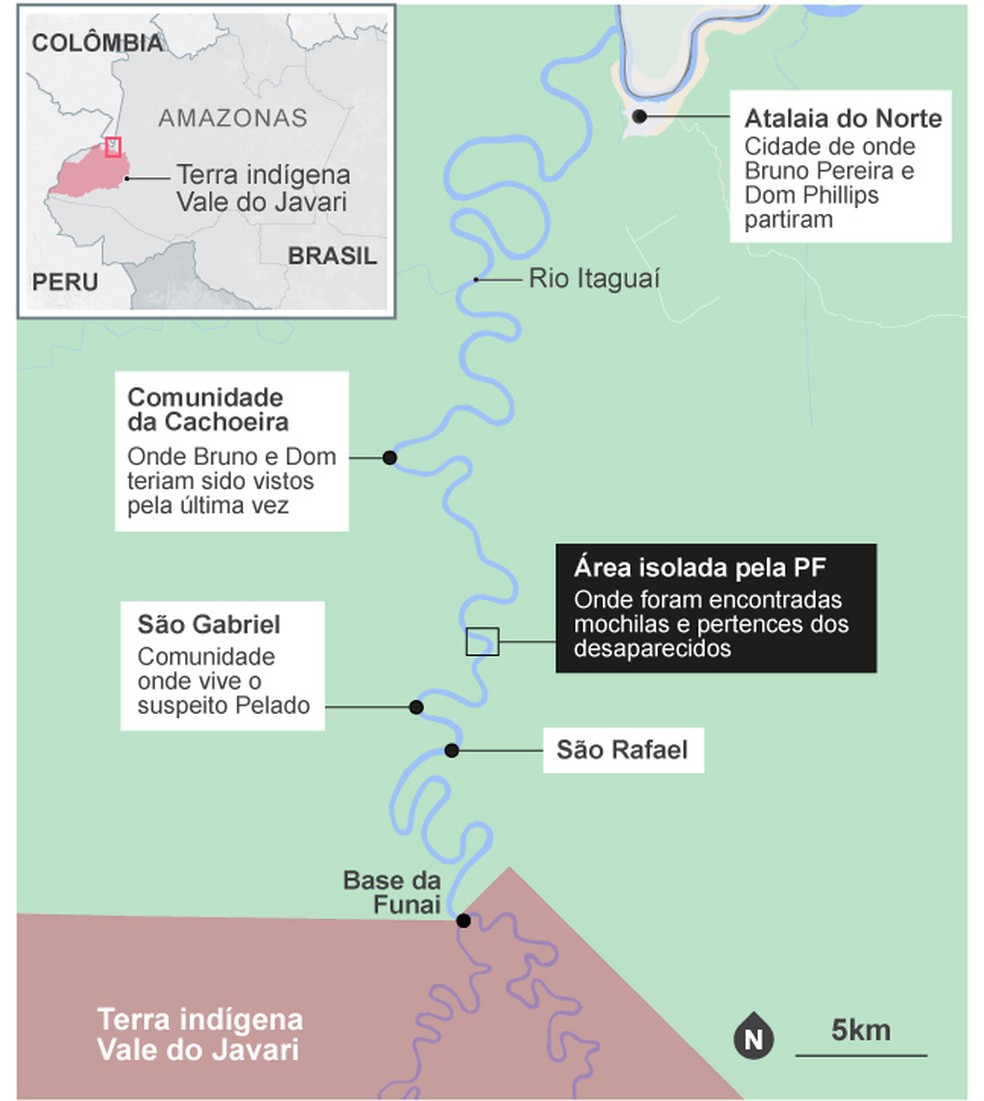 Mapa do lugar das buscas pelo jornalista inglês Dom Phillips e pelo indigenista Bruno Pereira — Foto: O Globo