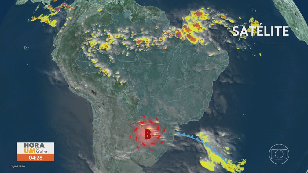 Frente fria avança do Sul para o Sudeste e provocará muitas mudanças de clima em um mesmo dia durante a semana — Foto: Reprodução/Hora 1