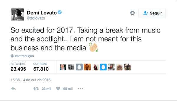 A cantora Demi Lovato anuncia seu período sabático (Foto: Twitter)