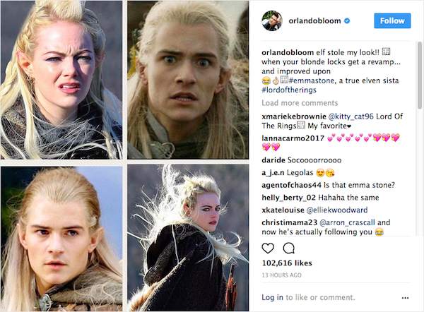 A montagem compartilhada por Orlando Bloom comparando a atriz Emma Stone no set de uma série com o elfo Legolas de O Senhor dos Anéis (Foto: Instagram)
