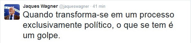 O ministro Jaques Wagner critica movimentação da oposição para afastar a presidente da República por meio de um processo de impeachment (Foto: Reprodução / Twitter)