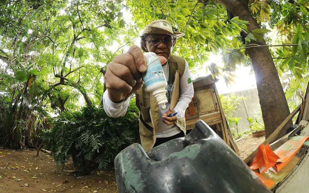 Vigilante de prevenção de endemias faz vistoria contra a dengue em casa no Gama, no Distrito federal — Foto: Secretaria de Saúde do DF/ Divulgação