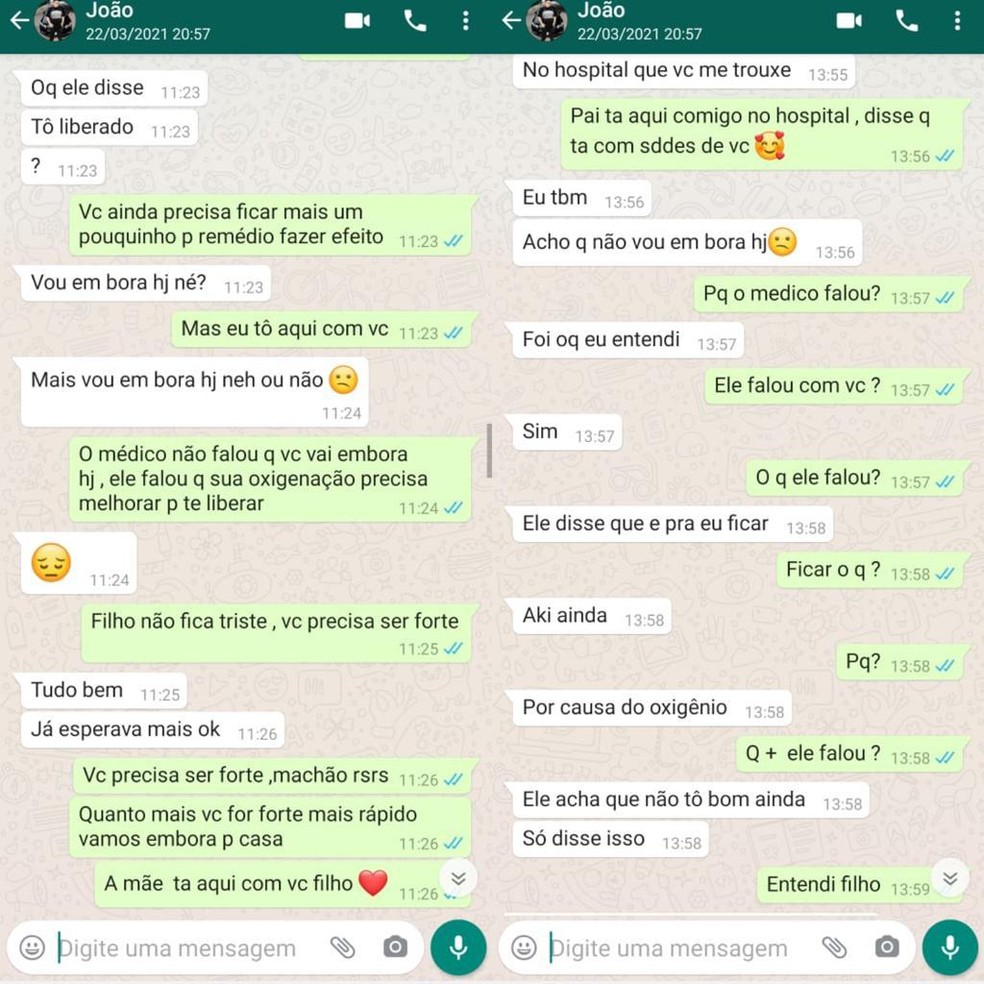 Enquanto estava internado, João conversou com a mãe por um aplicativo de mensagens — Foto: Arquivo pessoal