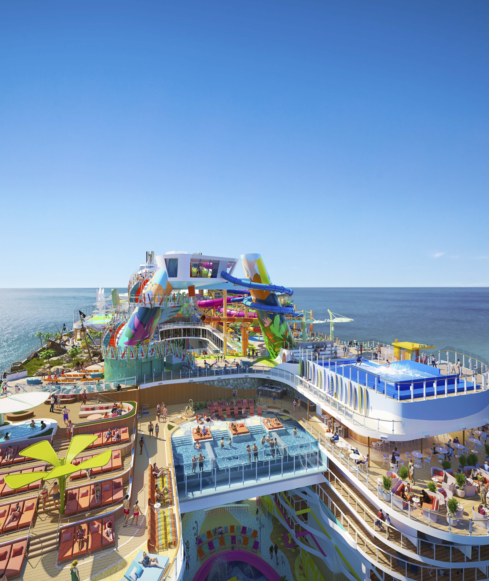 Uma das novidades do Icon of the Seas será a piscina de borda infinita suspensa a 40 metros de altura, na parte traseira do navio — Foto: Divulgação