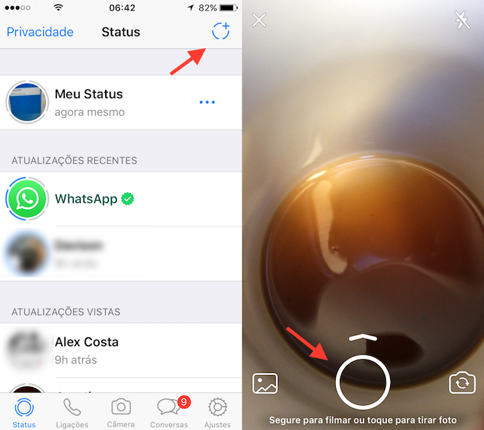 Opção para gravar um vídeo no status do WhatsApp (Foto: Reprodução/Marvin Costa)