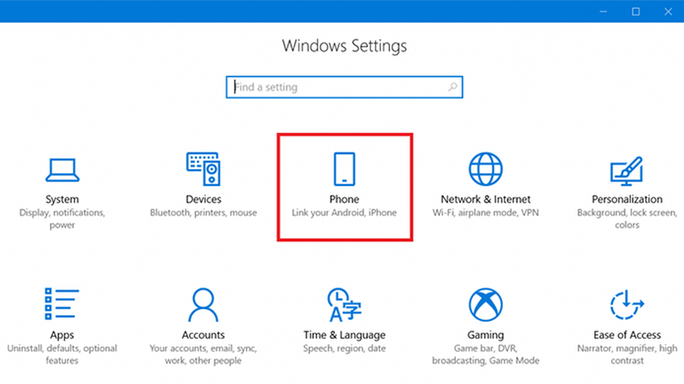 Menu 'Telefone' contém configuração da conexão entre celular e PC (Foto: Divulgação/Microsoft)