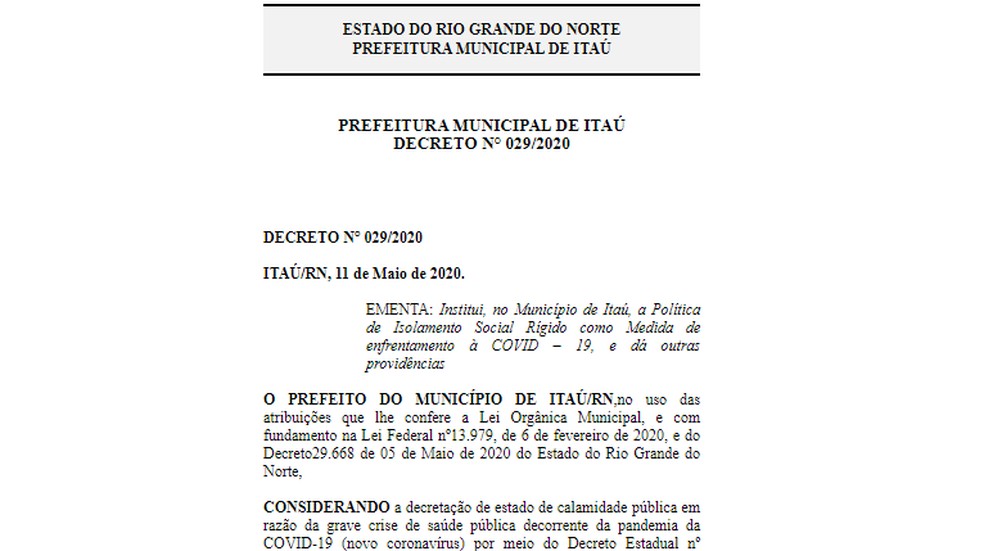 Decreto determina "isolamento social rígido" em Itaú, no interior do RN — Foto: Reprodução