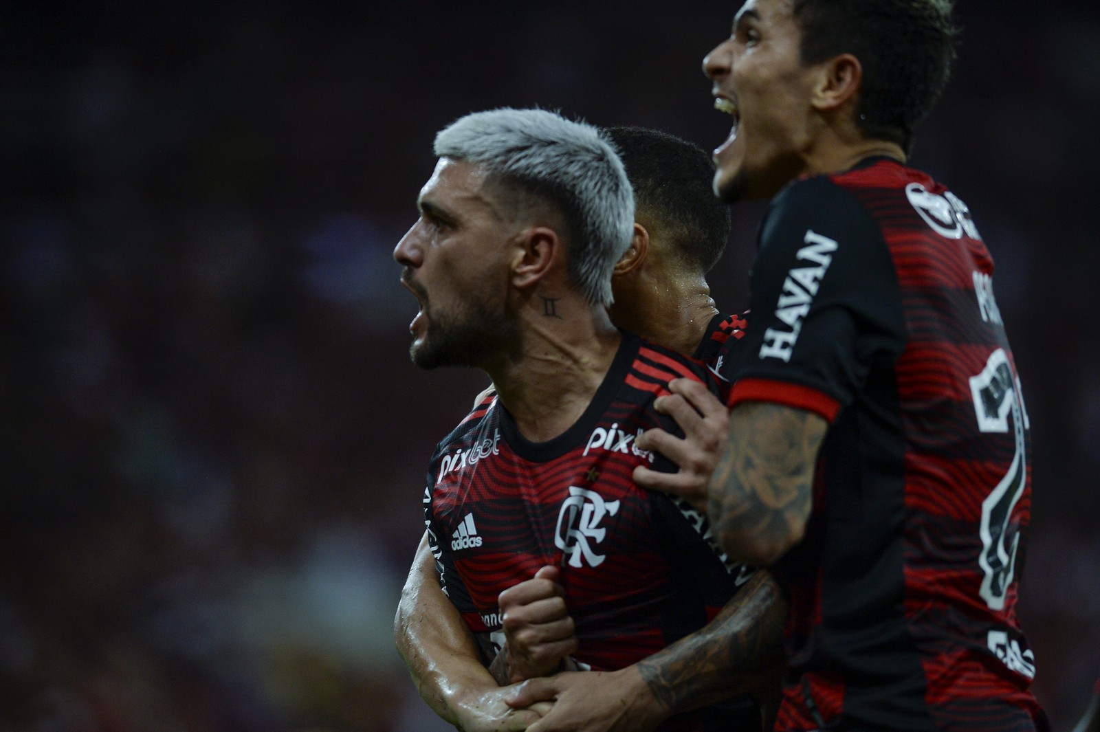 Arrascaeta foi o nome do jogo, garantindo a vitória com dois gols — Foto: Marcelo Cortes / Flamengo