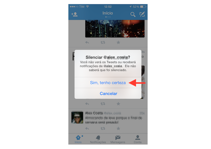 Confirmando o silenciamento de um usu?rio do Twitter pelo iPhone (Foto: Reprodu??o/Marvin Costa)