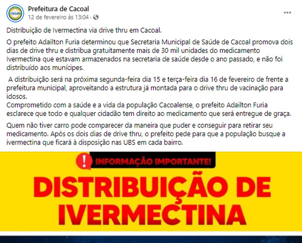Prefeitura de Cacoal fará a distribuição de mais de 30 mil doses de ivermectina — Foto: Reprodução/Redes Sociais