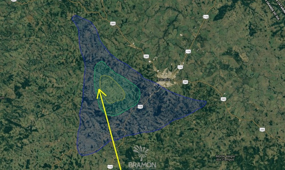 Fragmentos do meteoro caíram entre Vacaria, Campestre da Serra e Muitos Capões. — Foto: Observatório Espacial Heller & Jung/divulgação