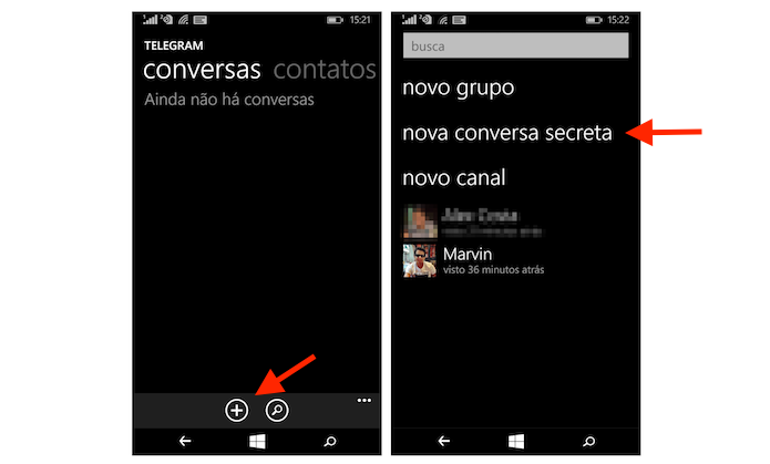 Iniciando uma conversa secreta do Telegram no Windows Phone (Foto: Reprodução/Marvin Costa)