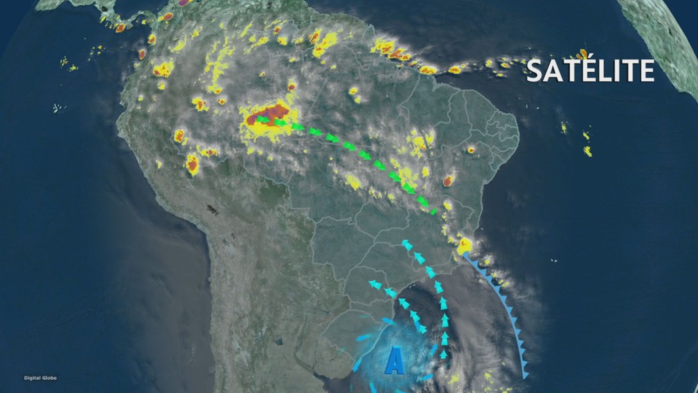 A frente fria tem avançado do Sul para o Nordeste do país, passando pelo Sudeste — Foto: Reprodução