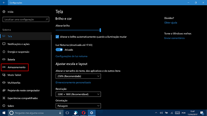 Windows 10 traz menu dedicado a armazenamento nas configurações do sistema (Foto: Reprodução/Elson de Souza)