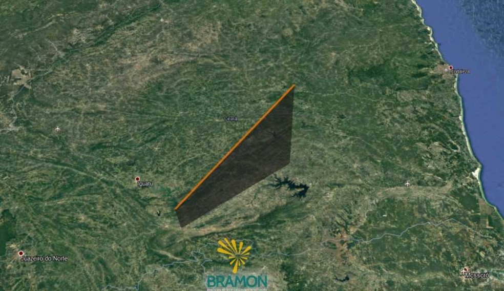 Trajetória do meteoro visto no Ceará, entre Jaguaretama e Icó. (Foto: Rede Brasileira de Monitoramento de Meteoros (Bramon))