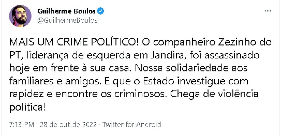 Guilherme Boulos, do PSOL, em postagem nas redes sociais.  — Foto: Reprodução 