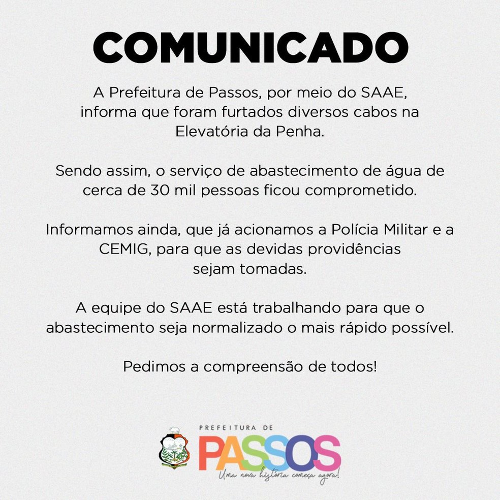 Furto de cabos elétricos de estação do SAAE deixa 30 mil pessoas sem água em Passos — Foto: Prefeitura de Passos