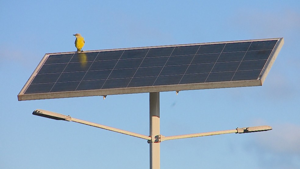 Painel de energia solar em poste de cidade do RS — Foto: Reprodução/RBS TV