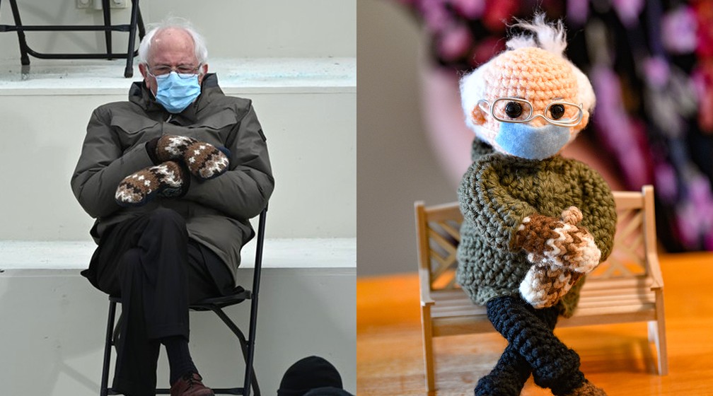 Foto do senador Bernie Sanders durante a posse de Joe Biden e o boneco de crochê da cena que viralizou — Foto: Brendan Smialowski/AFP e Billy Calzada/The San Antonio Express-News vía AP