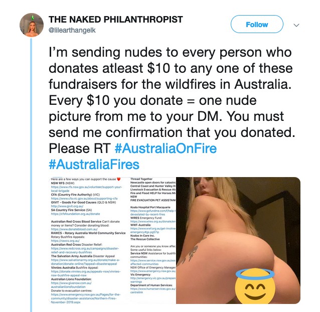 O post inicial feito pela modelo Kaylen Ward anunciando a troca de fotos íntimas por doações auxiliando o combate aos incêndios na Austrália (Foto: Twitter)