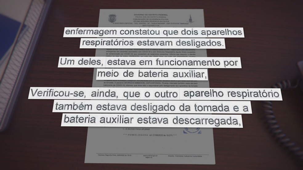 Relato de médica do Hospital Regional de Taguatinga, no DF, sobre morte de paciente que teve aparelho respiratório desligado — Foto: TV Globo/Reprodução