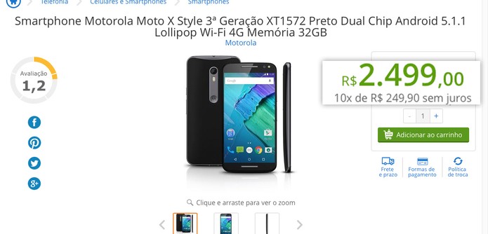 Preço do Moto X Style em loja virtual (Foto: Reprodução)