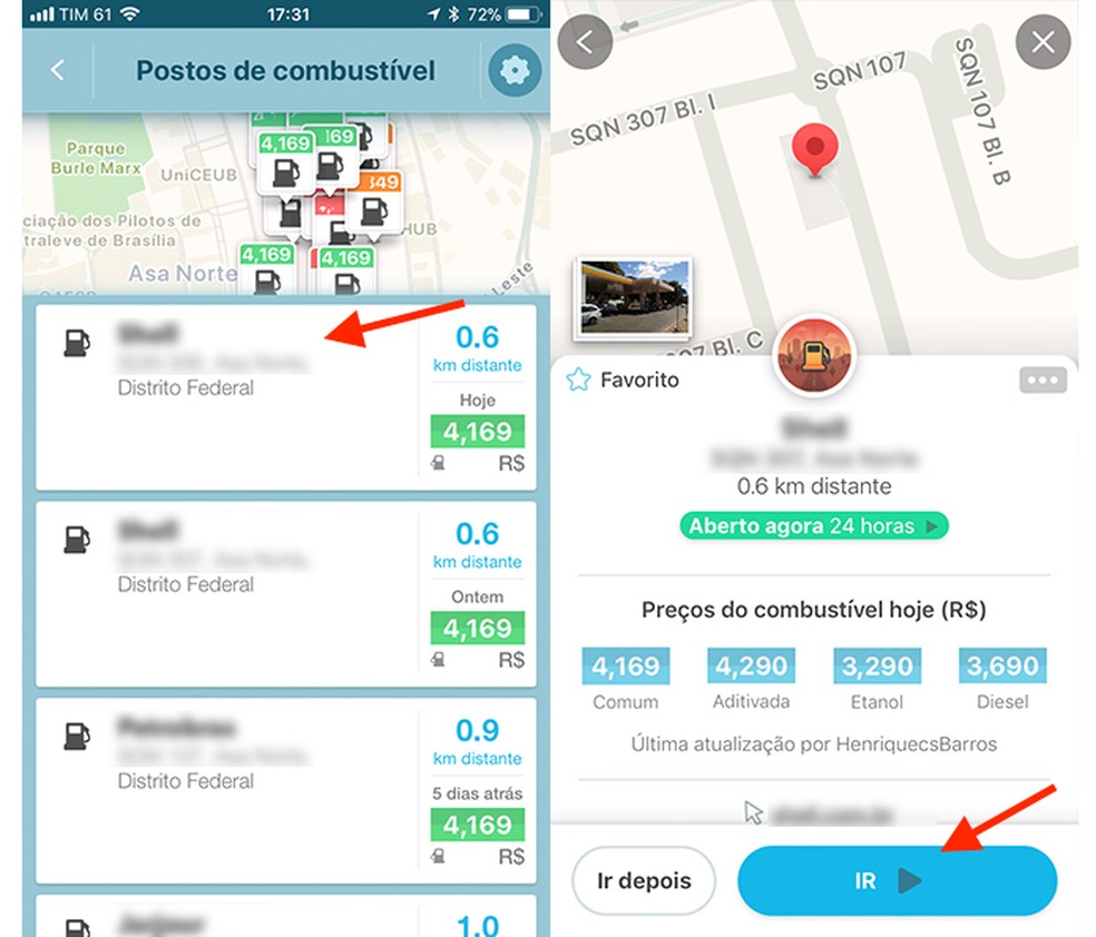 Ação para iniciar uma rota para um posto com gasolina barata usando o Waze (Foto: Reprodução/Marvin Costa)