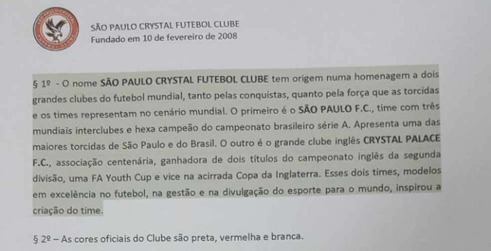 Homenagem ao São Paulo (e ao Crystal Palace) está registrada no estatuto do São Paulo Crystal (Foto: Reprodução / São Paulo Crystal)
