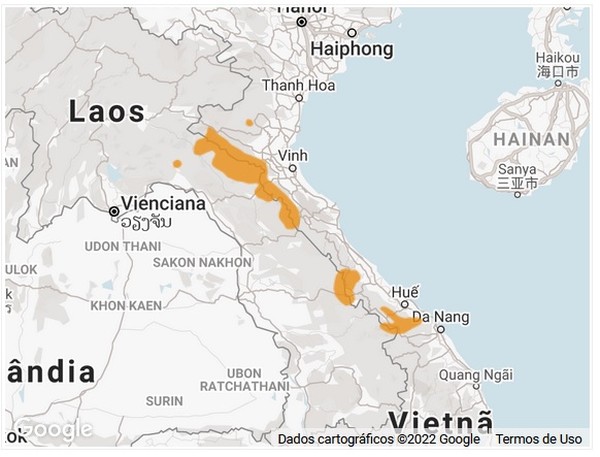 Região onde a saola pode ser encontrada, segundo a União Internacional para a Conservação da Natureza (IUCN) — Foto: IUCN / Reprodução