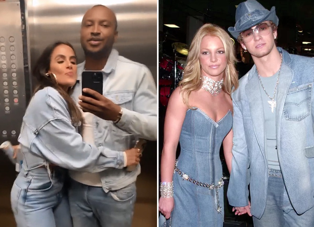 Carol Peixinho e Thiaguinho combinam looks jeans, assim como o então casal Britney Spears e Justin Timberlake (Foto: Reprodução/Instagram e Getty Images)