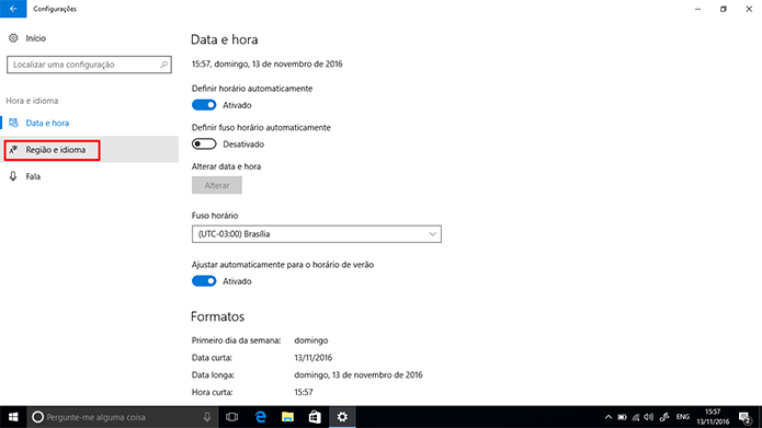 Usuário pode mudar região do Windows 10 nas configurações do sistema (Foto: Reprodução/Elson de Souza)