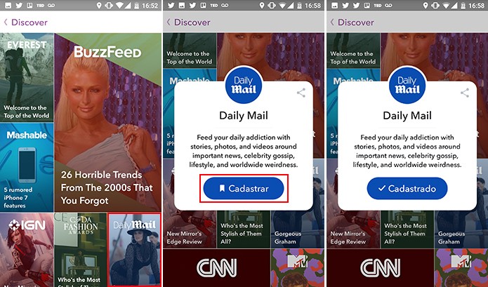 Usuário agora pode assinar histórias na tela Discover do Snapchat (Foto: Reprodução/Elson de Souza)