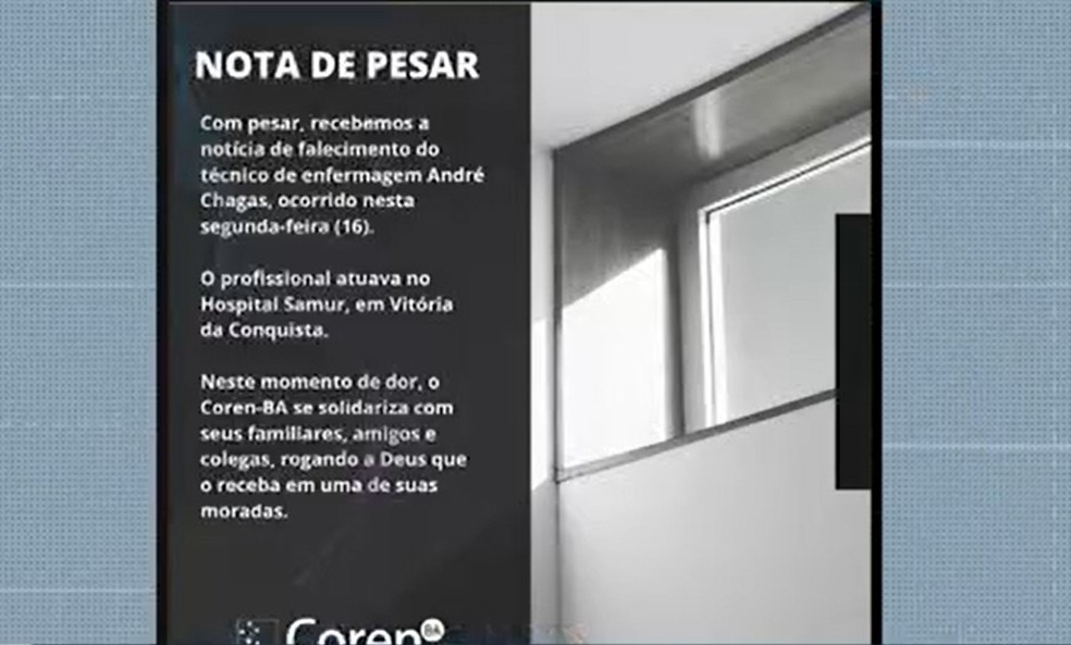 Conselho Regional de Enfermagem da Bahia (Coren-BA) emitiu uma nota de pesar. — Foto: Reprodução/TV Sudoeste