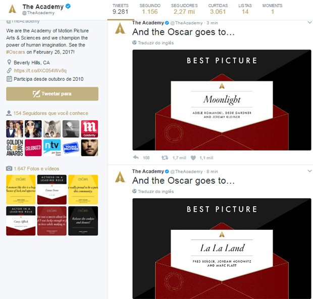 Twitter oficial da Academia erra ao anunciar vencedor de Oscar de Melhor Filme (Foto: Reprodução)