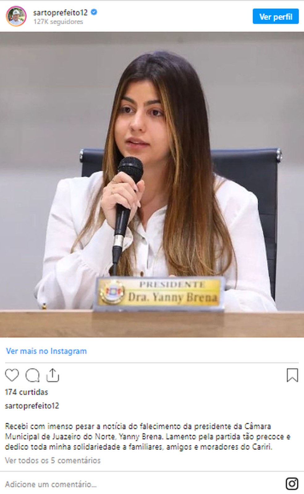 O prefeito de Fortaleza, José Sarto (PDT), foi às redes sociais prestar condolências.  — Foto: Reprodução/Redes Sociais