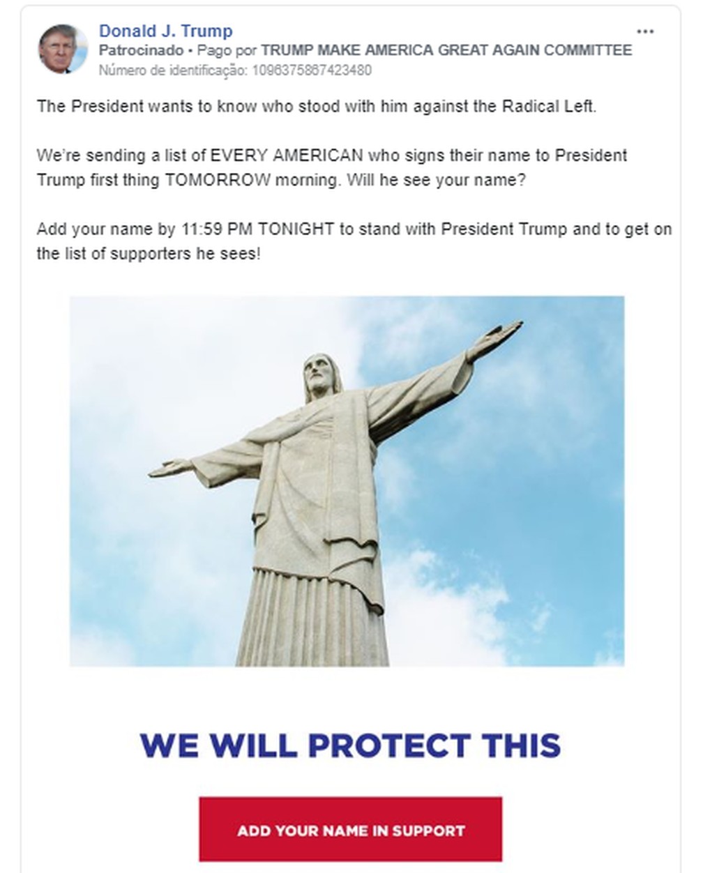 Imagem do Cristo Redentor na campanha de Donald Trump — Foto: Reprodução/Facebook