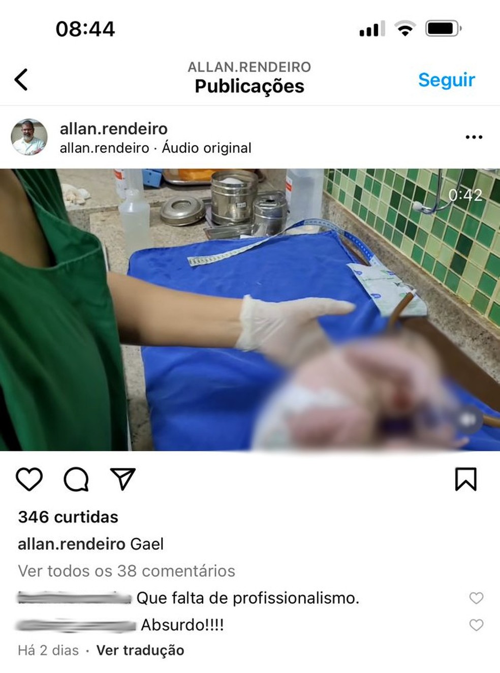 Print feito do perfil pessoal do médico Allan Rendeiro no Instagram. — Foto: Reprodução/Instagram