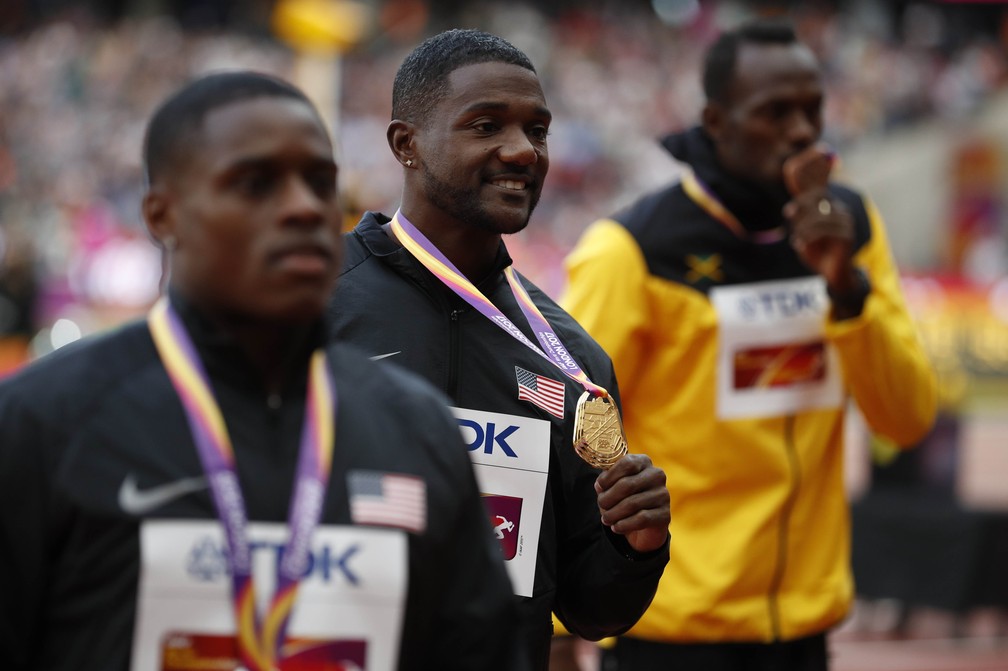O pódio dos 100m no Mundial de Londres: Gatlin (ouro), Coleman (prata) e Bolt (bronze) (Foto: Reuters)