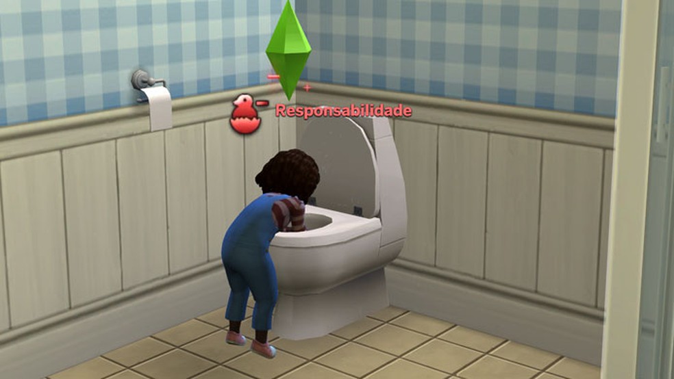 Brincar no vaso sanitário faz a criança perder pontos em Responsabilidade no The Sims 4: Vida em Família — Foto: Reprodução/Tais Carvalho