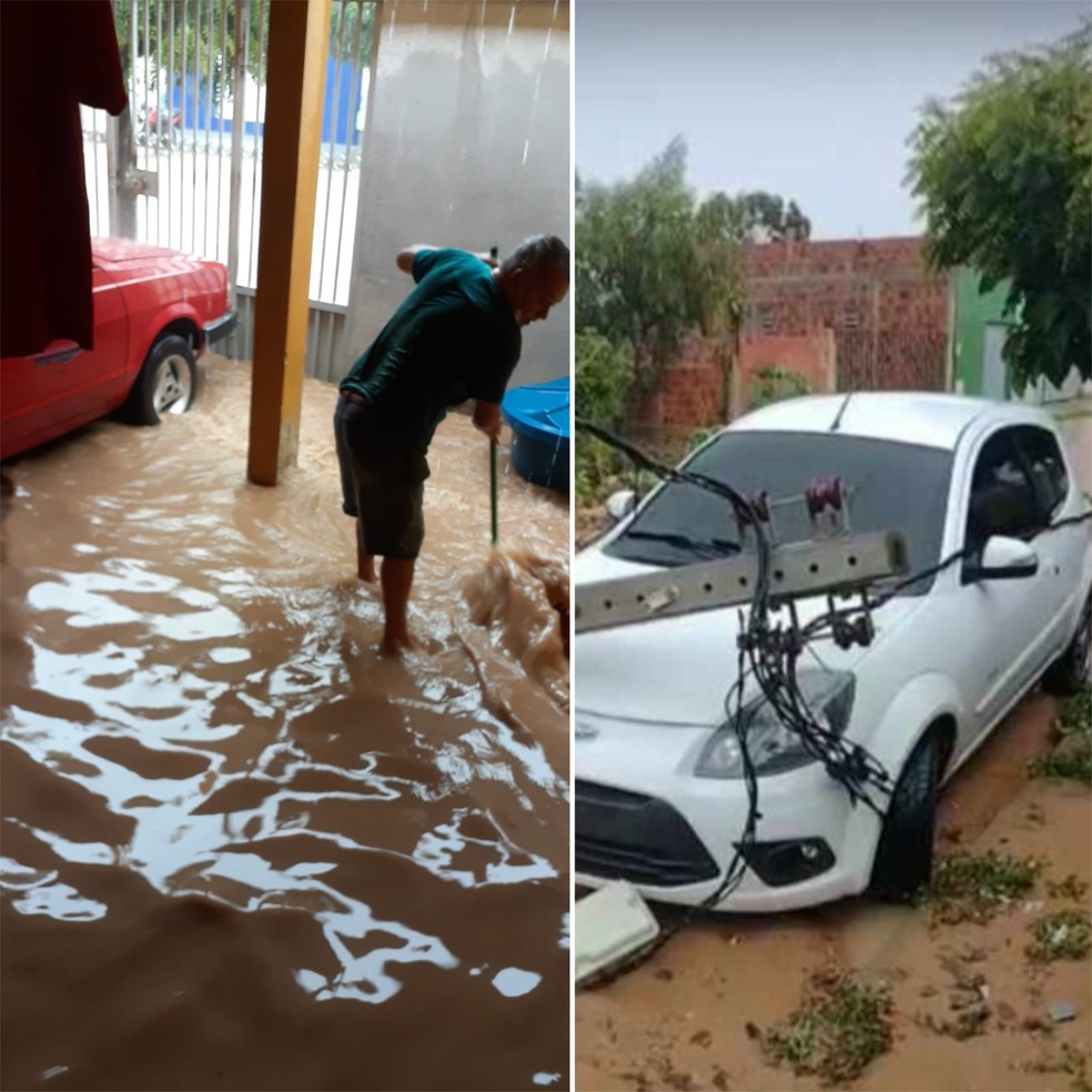 Chuva alagou residências em Carnaubal, no Ceará, e fez poste cair por cima de veículo. — Foto: Arquivo pessoal
