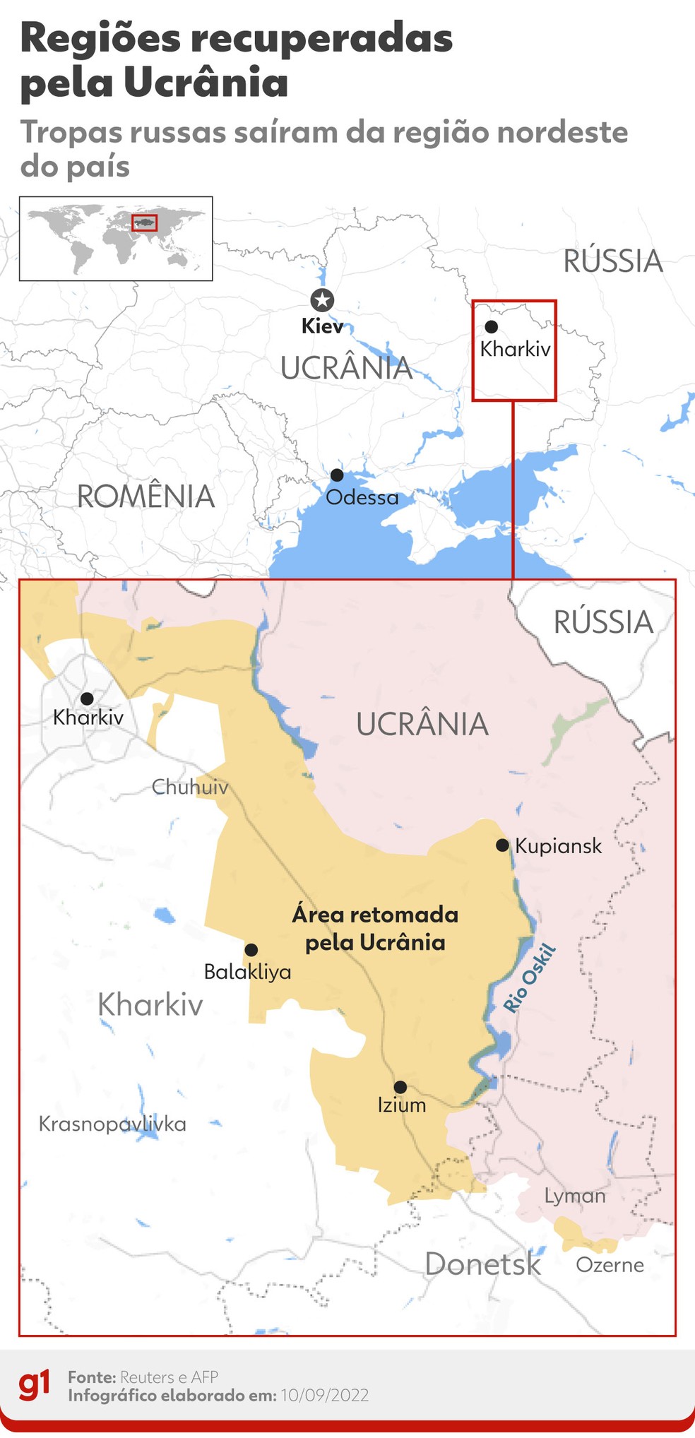 Regiões recuperadas pela Ucrânia. — Foto: Elaboração: g1