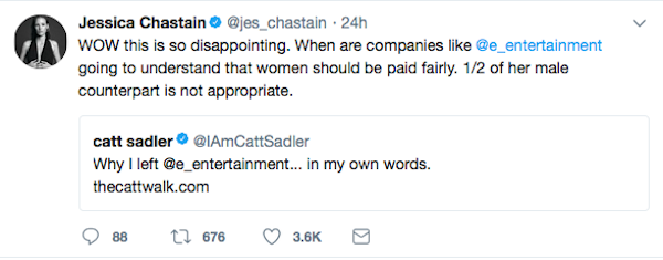 A atriz Jessica Chastain prestou solidariedade à apresentadora que pediu demissão (Foto: Twitter)