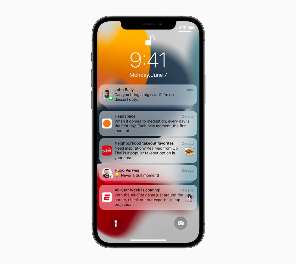 Novo sistema de notificações do iOS 15. — Foto: Divulgação/Apple