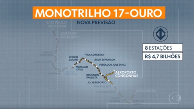 Linha 17-Ouro do Monotrilho está prevista para ficar pronta até o final de 2022