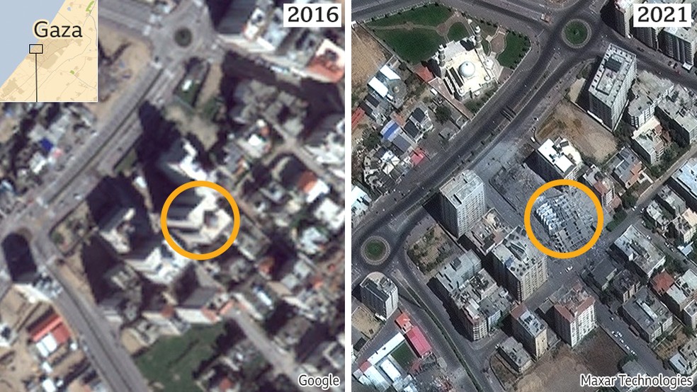 À esquerda, imagem de Gaza no Google Earth (data de 2016); à direita, imagem da Maxar mostra torre destruída (data de 12 de maio de 2021) — Foto: Google e Maxar Technologies via BBC