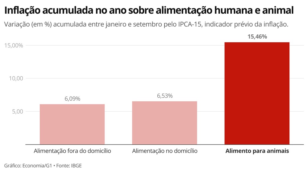 Inflação dos alimentos para consumo animal foi superior ao dobro da registrada para os alimentos de consumo humano — Foto: Economia/G1