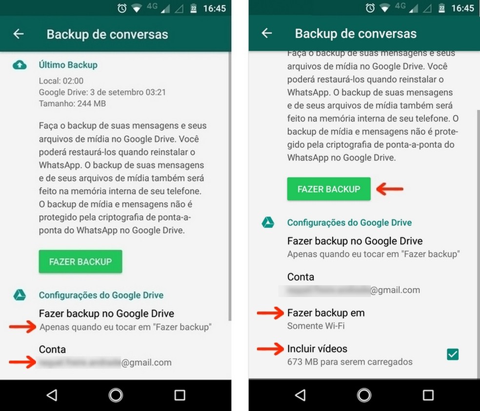 Acesse as configurações de backup das conversas do WhatsApp no Google Drive — Foto: Reprodução/Raquel Freire